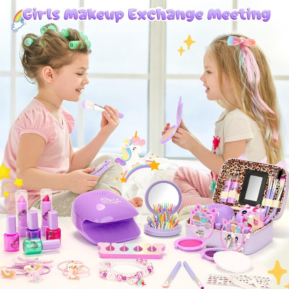 Kids Makeup Set for Girls – Non-Toxic Washable Pretend Cosmetic Kit with Nail Polish, Jewelry & Hair Accessories, Princess Dress-Up Gift Ages 3-8