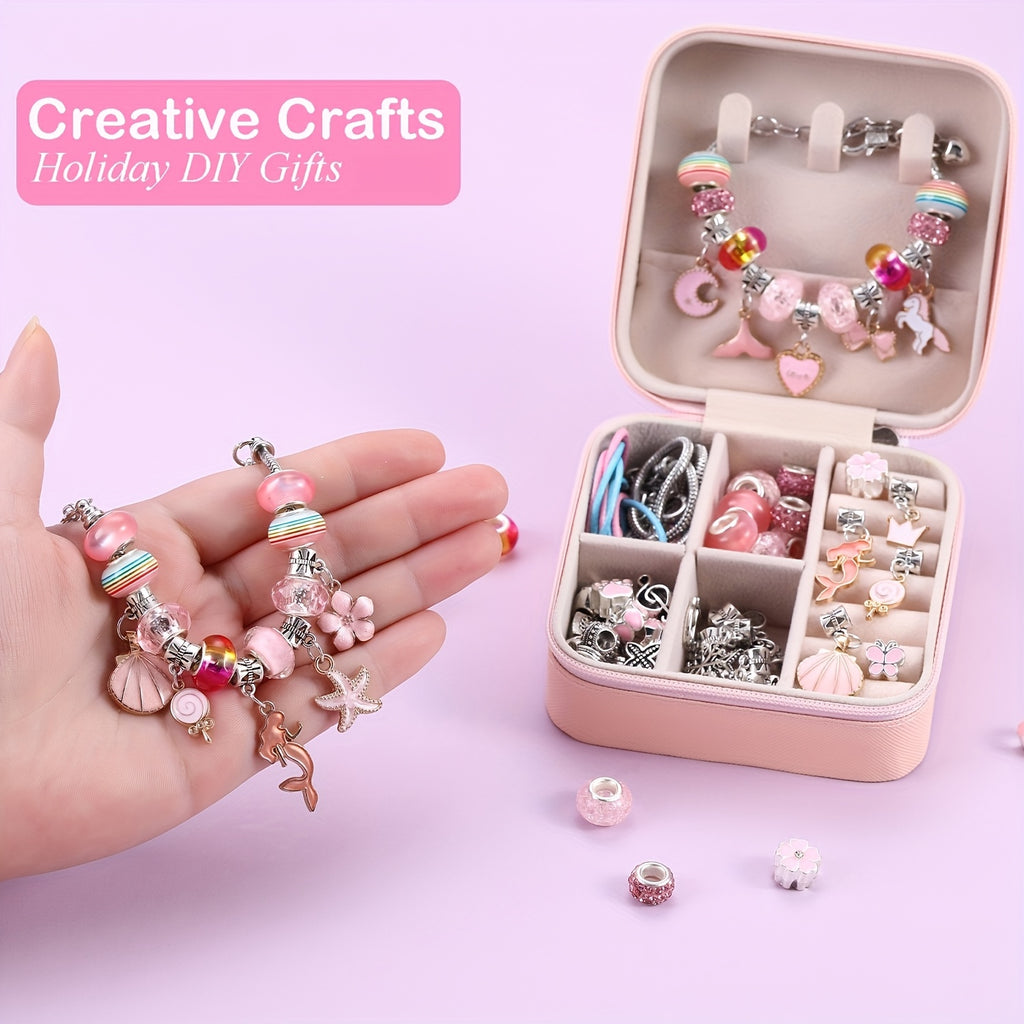 Pink Bracelet Making Set with Portable Jewelry Box – Unicorn & Mermaid Jewelry Making Crafts for Girls, Handmade Bracelet Kit, Birthday Christmas Graduation Gift for Teen Girls & Women
