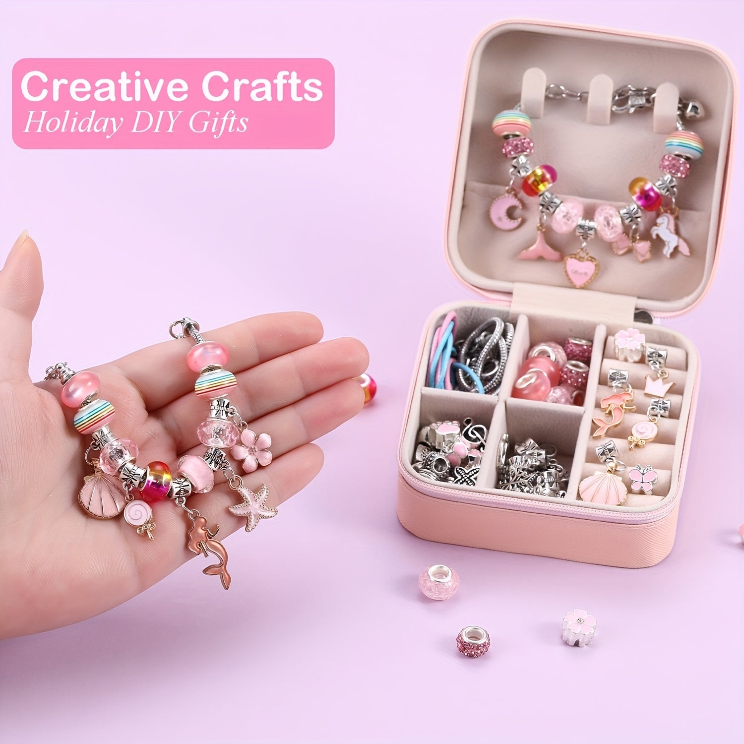 Pink Bracelet Making Set with Portable Jewelry Box – Unicorn & Mermaid Jewelry Making Crafts for Girls, Handmade Bracelet Kit, Birthday Christmas Graduation Gift for Teen Girls & Women
