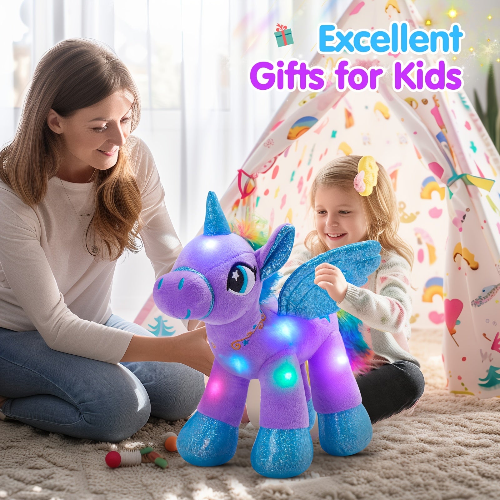 Glowing Unicorn Plush Toy 14 Inch – Purple Angel Unicorn Stuffed Animal with Flashing Night Light, Super Soft Hug Doll, Birthday Baby Shower Gift for Kids Girls, Princess Room Decor