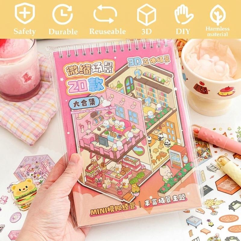 Isometric Sticker Scene Book for Adults, 20 DIY Miniature House and Shop Scenes with Cartoon Animals and Two Tweezers for Relaxing Crafts