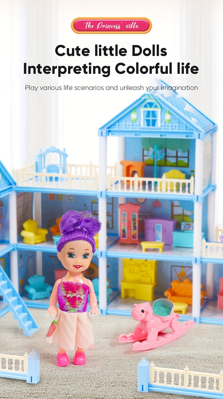 Dollhouse Princess Castle with Furniture – 11 to 27 Room Doll Villa Play Set for Girls Logical Thinking Toy Birthday Christmas Gift Kids Ages 3+ Pink Blue
