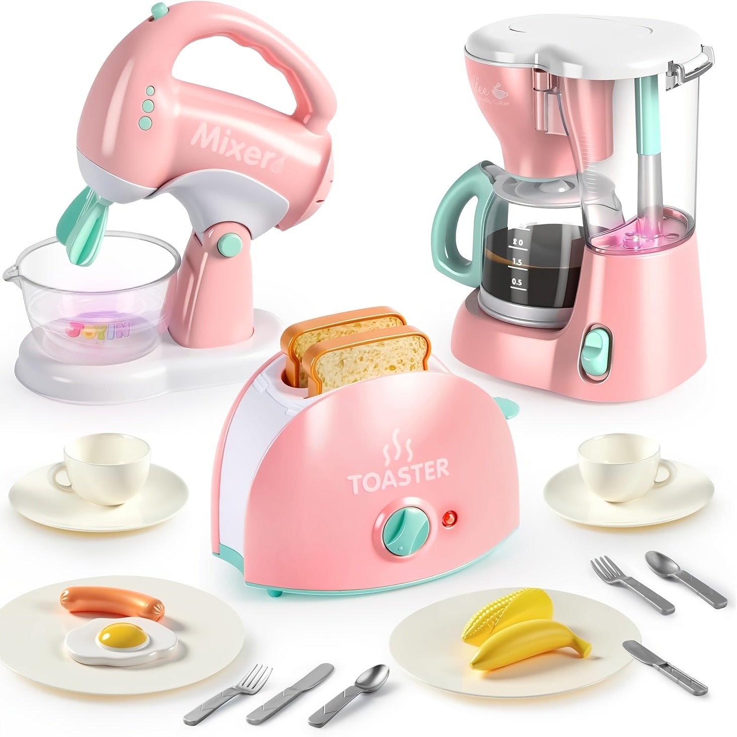 Kids Play Kitchen Toy Set with Coffee Maker, Mixer & Toaster – 25-Piece Pretend Play Appliance Toys with Utensils Plates Cups for Toddlers Ages 3+ Birthday Gift