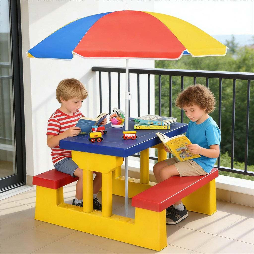 Kids Picnic Table with Umbrella and Bench Set, Seats 4 Children, 2-in-1 Indoor Outdoor Activity Table for Backyard Garden Patio, Safe PP Foldable Umbrella Kids Furniture, Birthday Holiday Gift Ages 2-6