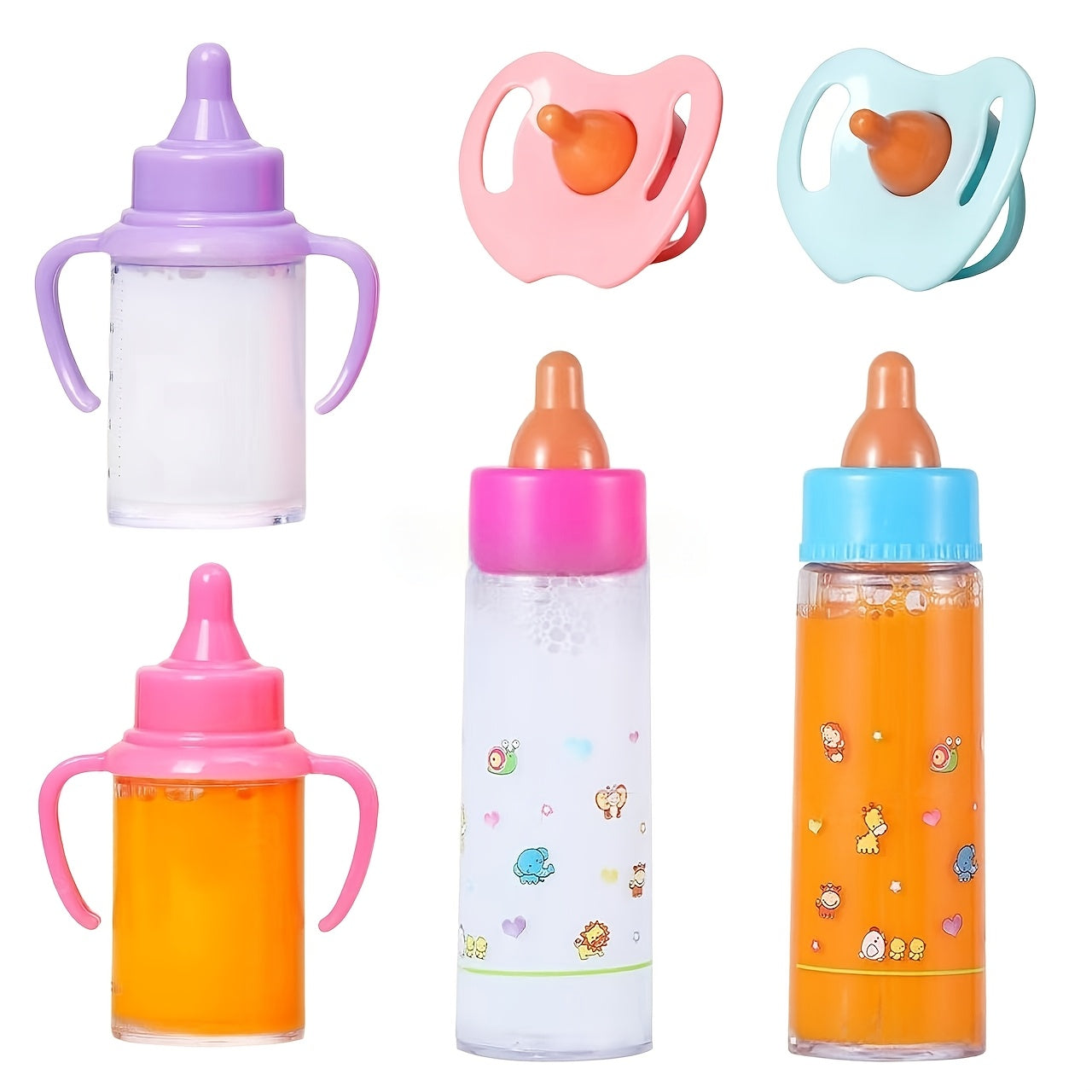 Baby Doll Feeding Set 3 Piece – Milk Bottle Juice Bottle Pacifier Doll Care Accessories for Baby Dolls Reborn Dolls Stroller Nurturing Play Kids Ages 3+ Gift White Orange
