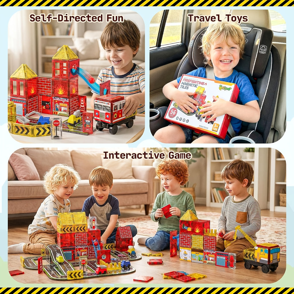 Magnetic Tiles Fire Rescue Set for Kids Ages 3+ – STEM Construction Toy with Fire Truck, Crane, Building & Road Tiles – Firefighting Magnetic Building Blocks Birthday Christmas Gift for Boys & Girls