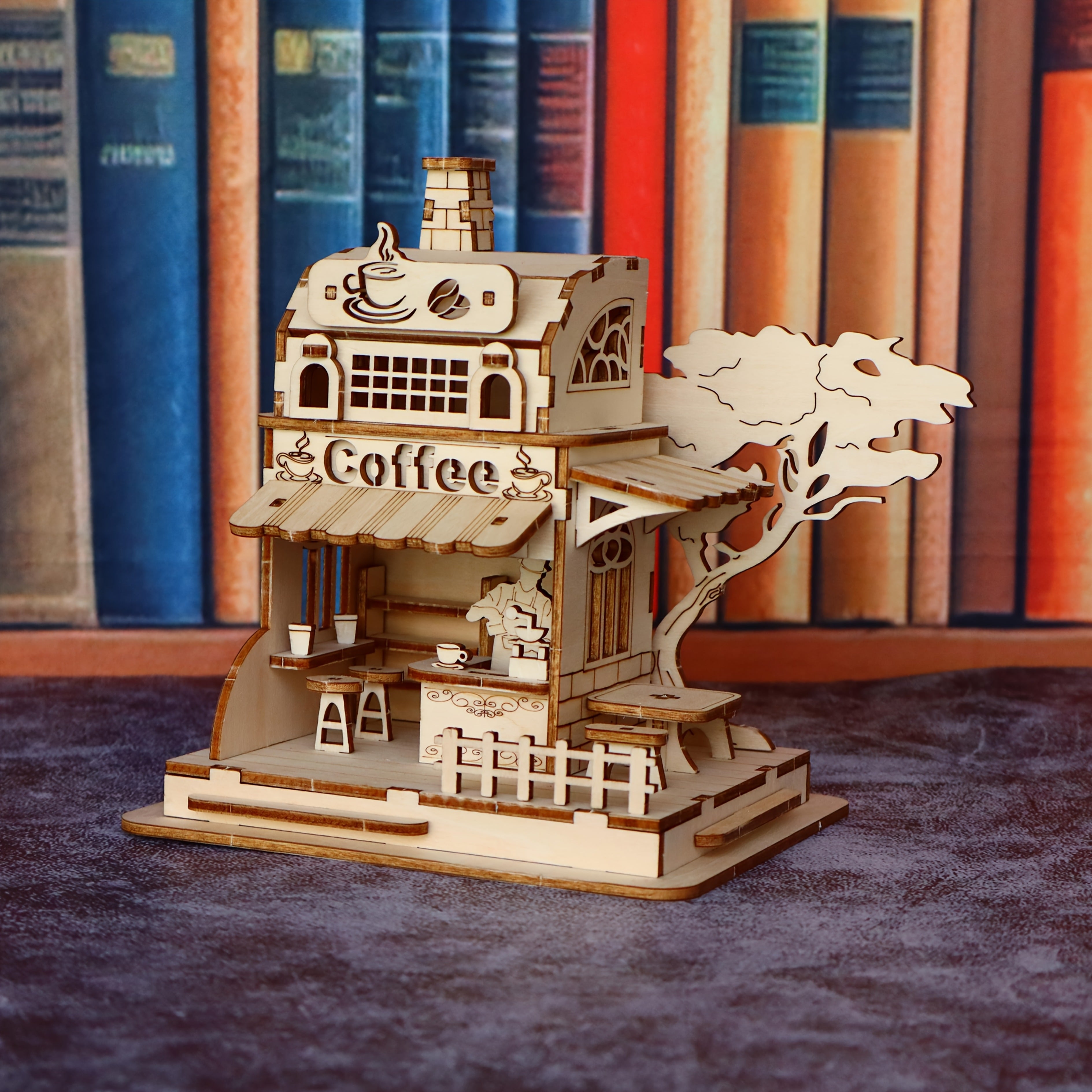 Coffee Shop 3D Wooden Puzzle Kit Miniature House Model with Artisan Coffee Machines DIY Build Creative Birthday Halloween Gift for Adults Teens