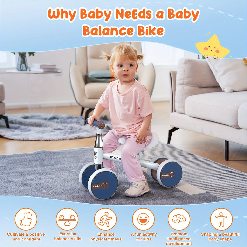 Baby Balance Bike for Toddlers 10-36 Months, 4 Wheel First Bike for Boys Girls with Adjustable Seat Silent TPE Tires 90° Safety Steering, Indoor Outdoor Ride-On Toy, 1st Birthday Christmas Gift