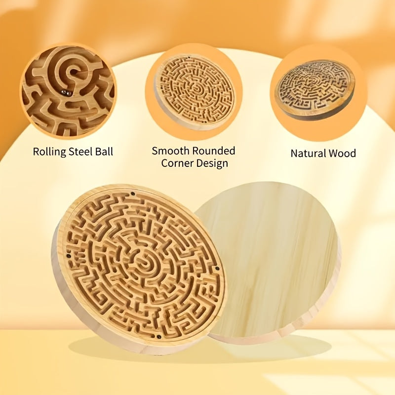 Round Wooden Maze Balance Board with Steel Balls – Brain Training Labyrinth Puzzle Game for Kids Adults Concentration Focus STEM Skill Development Toy