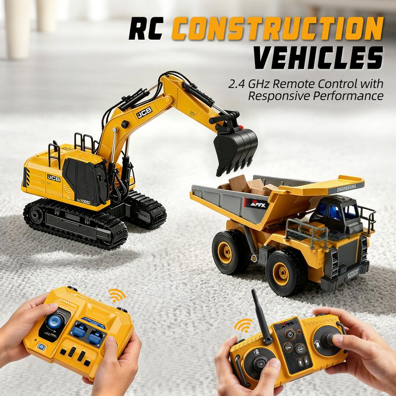 3-in-1 RC Excavator Toy, 14-Channel Remote Control Construction Vehicle with Drill Bit, Grab Bucket, Digging Hook, Lights and Sounds for Kids and Adults