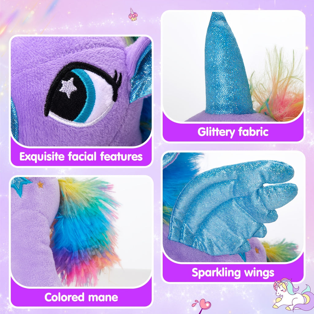 Glowing Unicorn Plush Toy 14 Inch – Purple Angel Unicorn Stuffed Animal with Flashing Night Light, Super Soft Hug Doll, Birthday Baby Shower Gift for Kids Girls, Princess Room Decor
