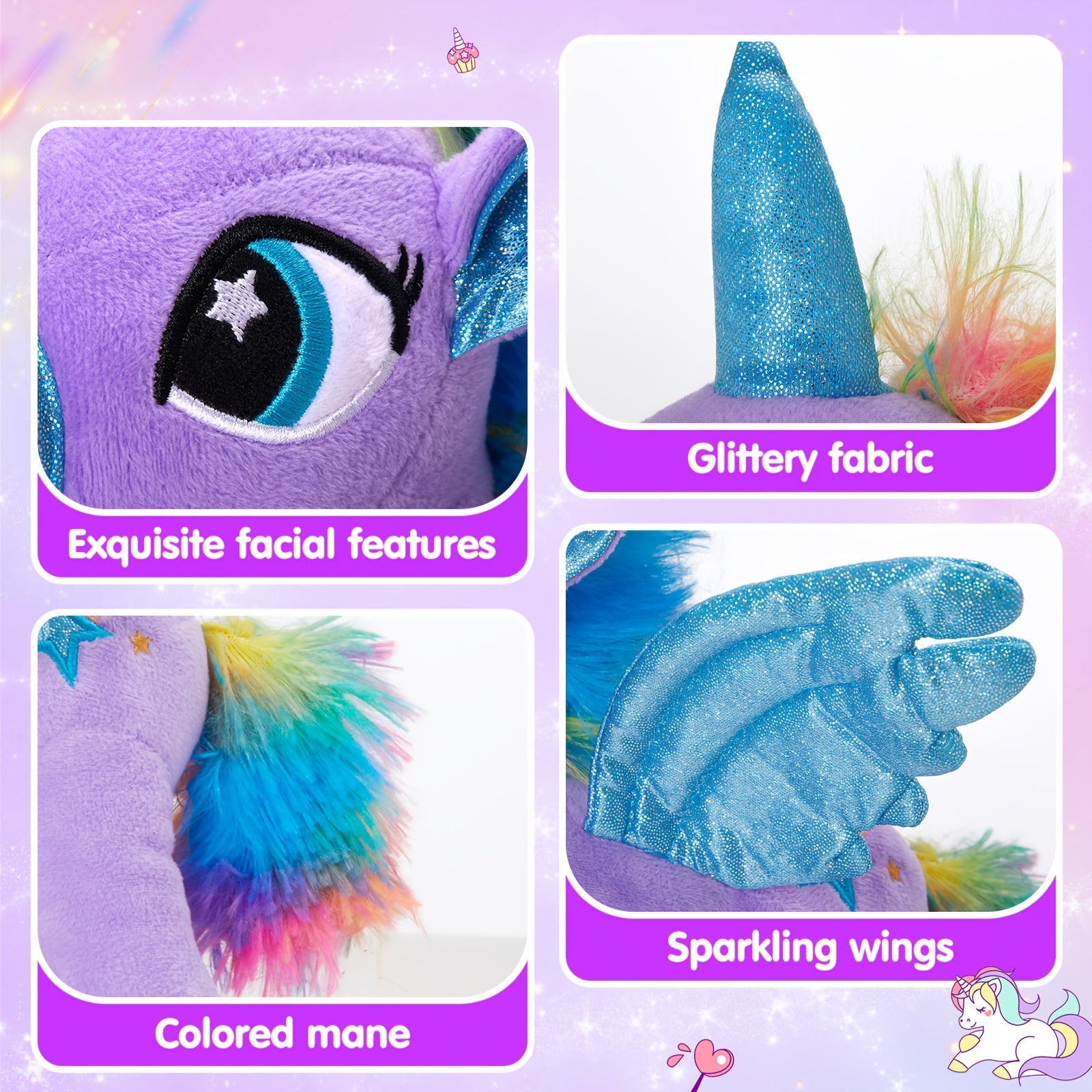 Glowing Unicorn Plush Toy 14 Inch – Purple Angel Unicorn Stuffed Animal with Flashing Night Light, Super Soft Hug Doll, Birthday Baby Shower Gift for Kids Girls, Princess Room Decor