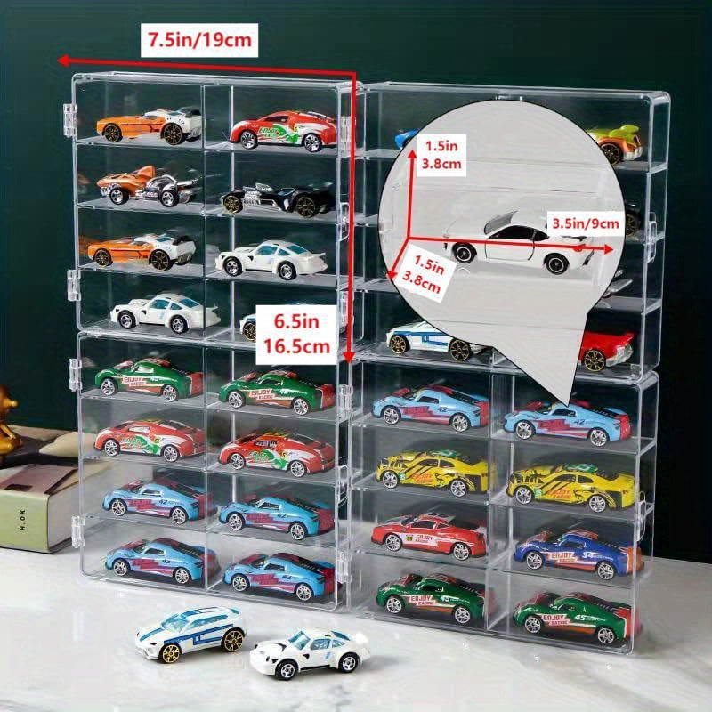Die-Cast Car Display Case 4pcs 1/64 Scale Acrylic Holds 32 Cars - Dustproof Stackable Clear Storage Organizer for Hot Wheels Matchbox Collectors