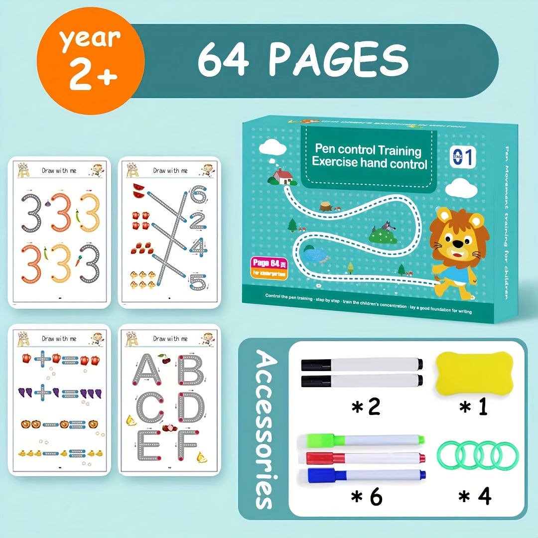 64-Page Reusable Magic Wipe Clean Exercise Book for Kids - Pen Control & Tracing Practice Book, Educational Writing Activity Book, Back to School Gift for Toddlers Preschoolers