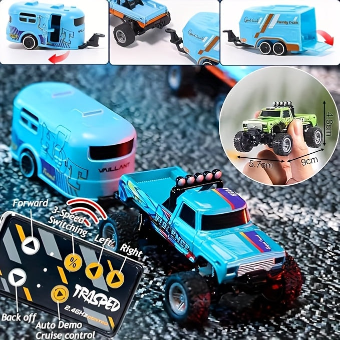 Mini RC Truck 1:64 Scale 2.4GHz Off-Road Alloy with Trailer Body Lights Headlights Adjustable Speed Crawler Collectible Holiday Gift Boys