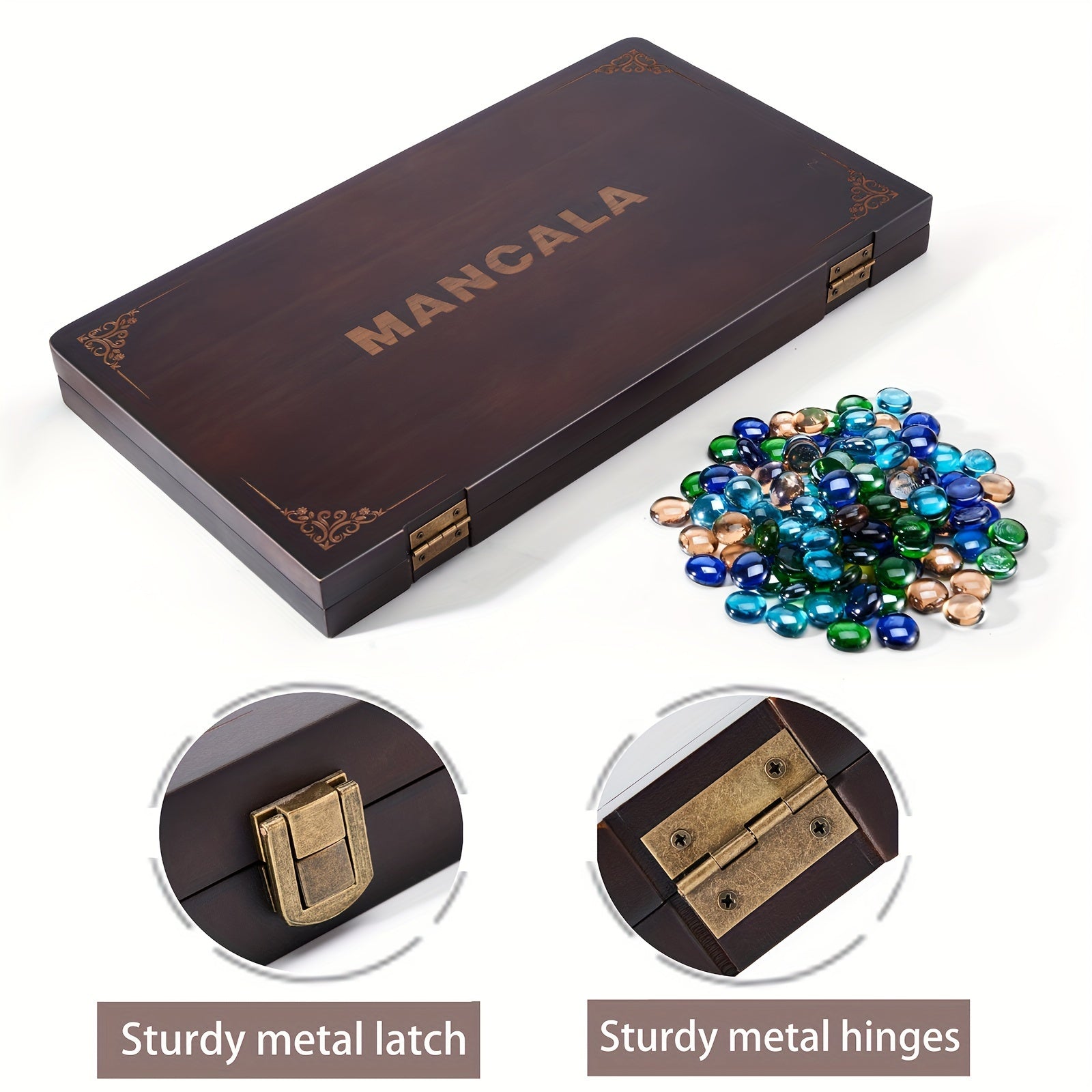 Mancala Board Game Set 4-Player Luxury Solid Wood Folding Board – 96+12 Bonus Multicolor Glass Stone Beads, Instructions Included, Classic Family Strategy Game Gift for Kids Adults Halloween Christmas
