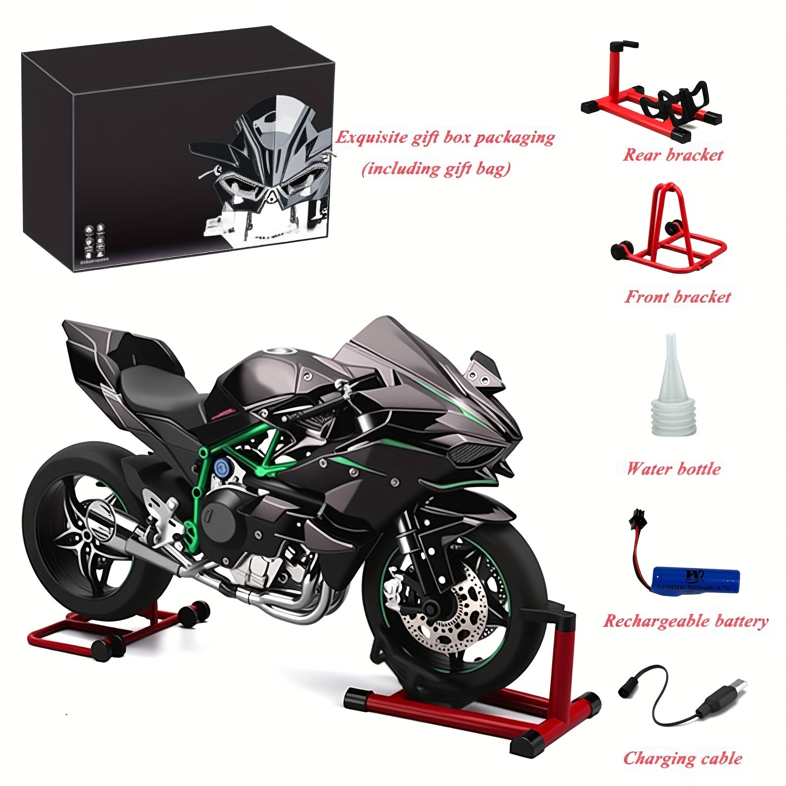 Die-Cast Motorcycle Model with Realistic Sound Effects & Exhaust Spray – 1:6 Scale Alloy Replica with LED Lights, Rotating Wheels & 8 Accessories, Collector Gift for Motorcycle Enthusiasts