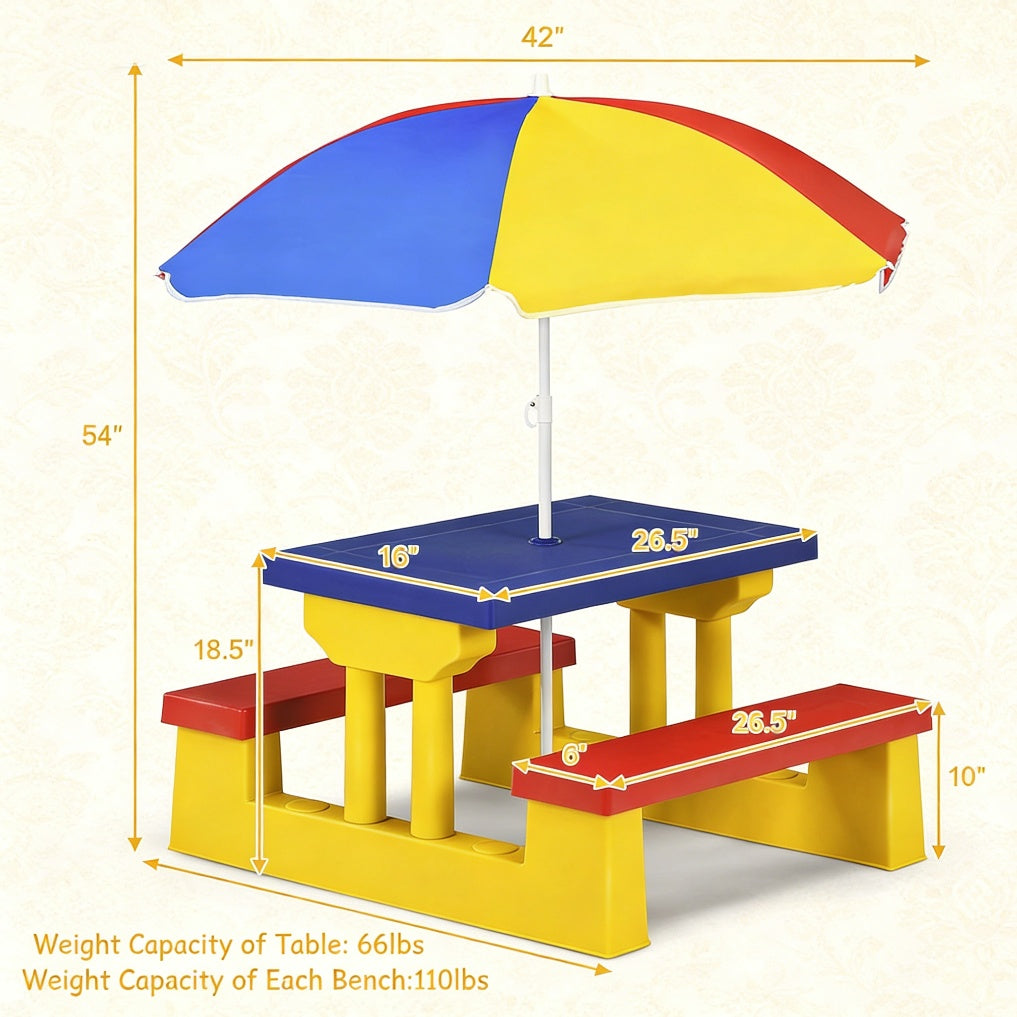 Kids Picnic Table with Umbrella and Bench Set, Seats 4 Children, 2-in-1 Indoor Outdoor Activity Table for Backyard Garden Patio, Safe PP Foldable Umbrella Kids Furniture, Birthday Holiday Gift Ages 2-6