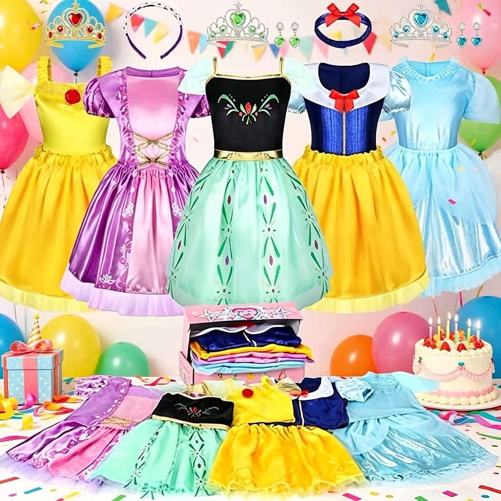 Princess Dress Up Costume Set for Girls 14-Piece, 5 Outfits with Crowns Earrings & Storage Box, Birthday Halloween Gift for Girls Ages 3-6