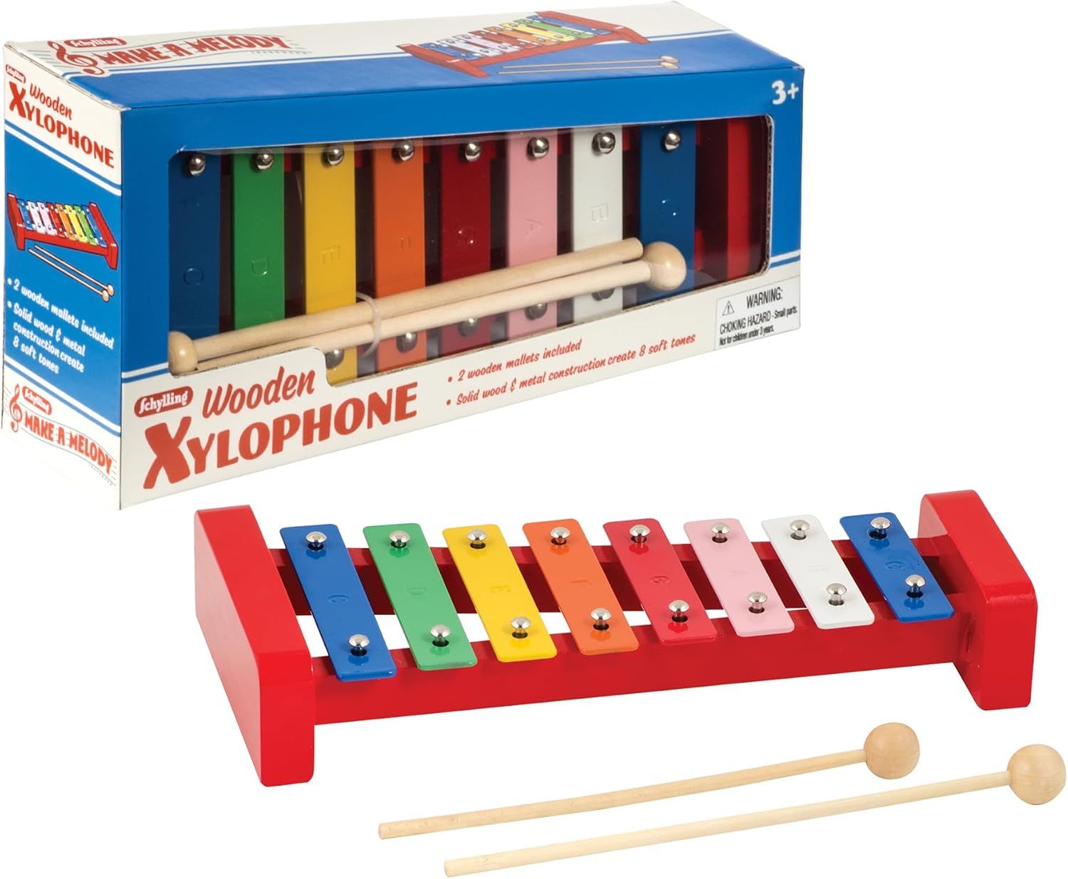 Wooden Xylophone for Kids - 8 Colorful Metal Keys with Musical Notes, 2 Mallets Included, Toddler Musical Instrument Toy Ages 3+, Birthday Gift for Boys & Girls