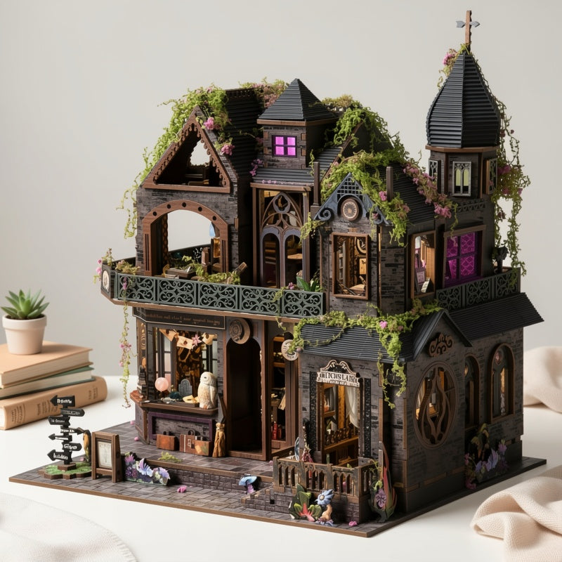 3D Wooden Puzzle Magic Castle Model Kit with LED Light – Adult Puzzle Assembly Decoration Owl Flowers Bookshelf Gift for Teens Adults
