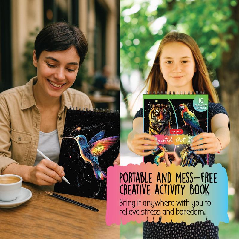 Scratch Art Book for Adults with Animal Designs, 10 A4 Foil Engraving Pages for Relaxing Screen-Free Crafts and Wildlife Art Gifts
