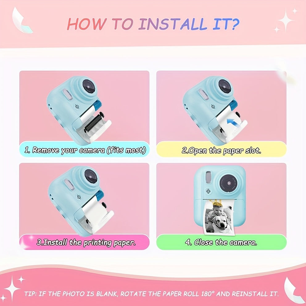 Kids Instant Print Digital Camera 1080P HD with 2.4'' Screen - Super Cute Camera Toy with 3 Rolls Print Paper & 32GB Card, Birthday Gift for Girls Boys Ages 3-12
