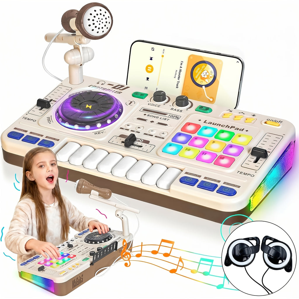 Kids DJ Mixer Toy Set with LED Lights Microphone Piano Keys 100+ Sound Effects Rechargeable Interactive Music Controller for Boys Girls Birthday Gift