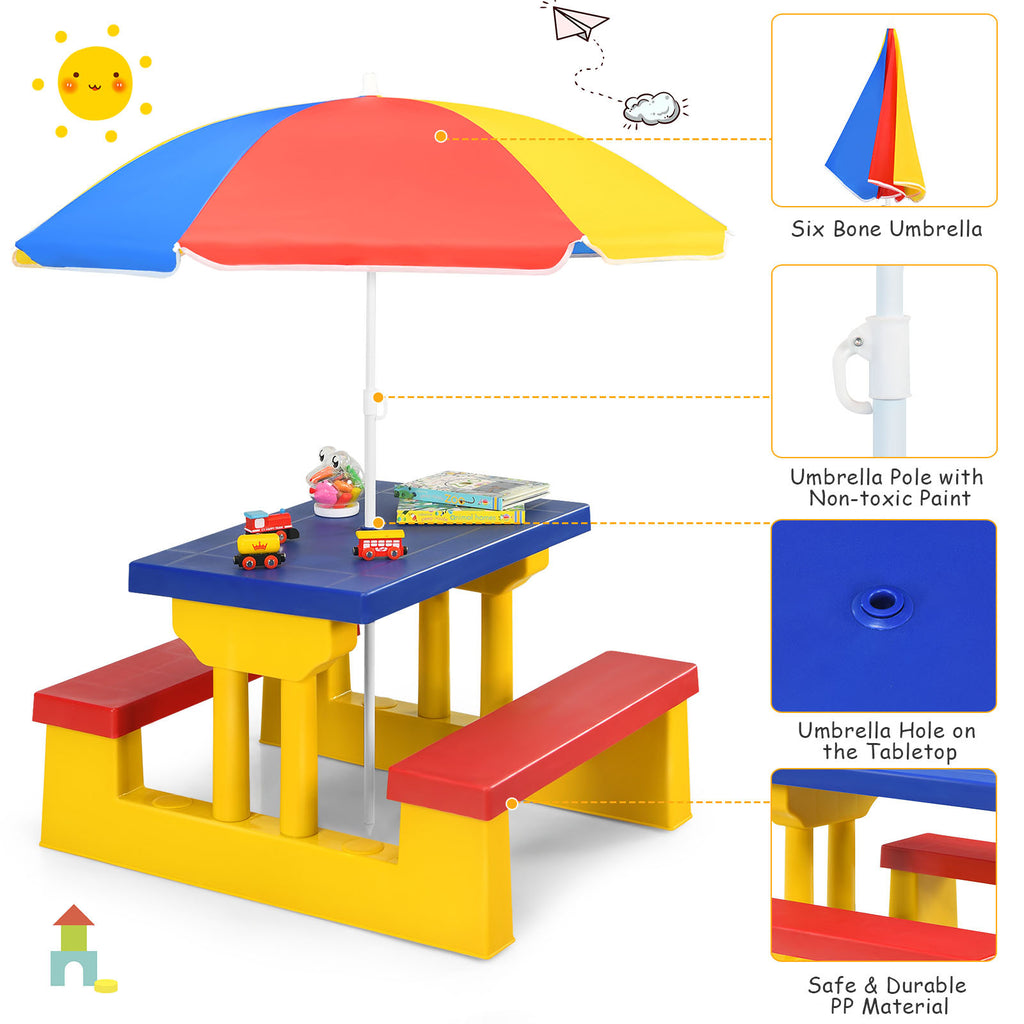 Kids Picnic Table Set with Removable Umbrella Outdoor Indoor 4-Seat Rainbow Colorful PP Toddler Garden Patio Furniture Birthday Gift