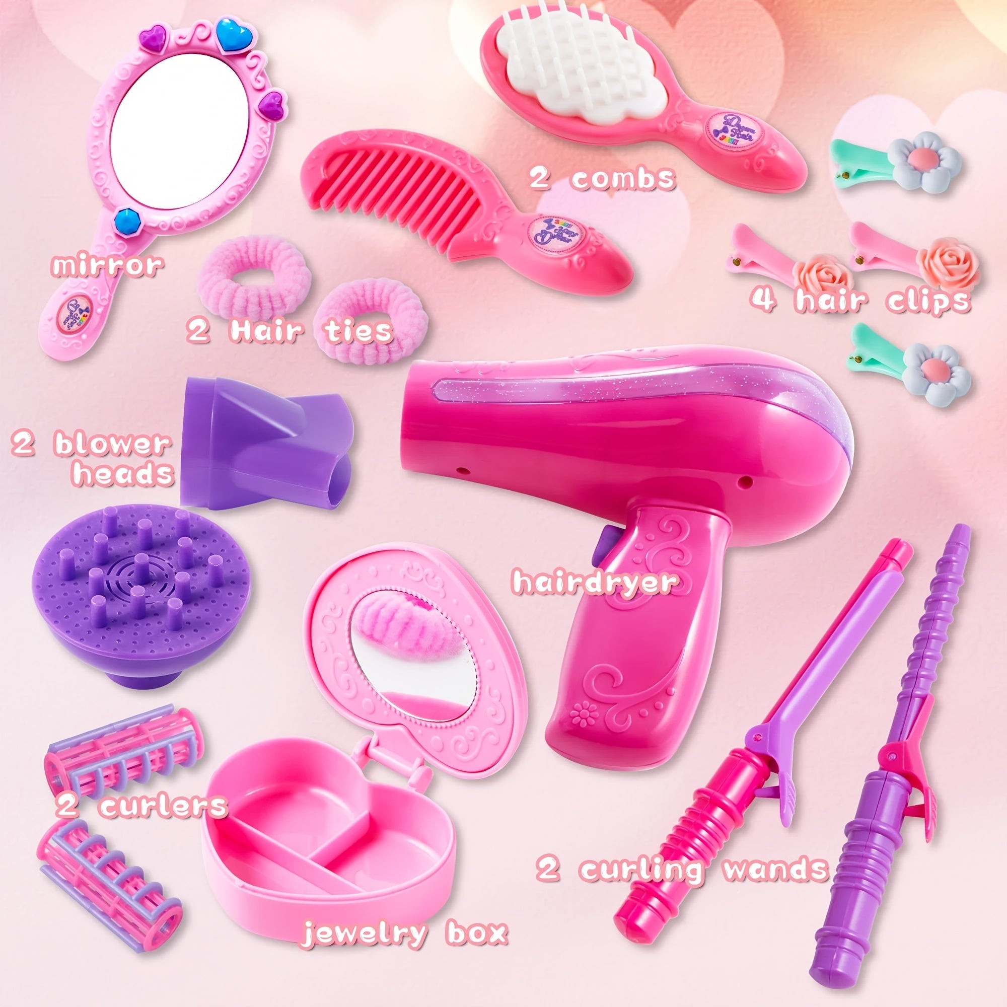Girls Beauty Salon Set 17pcs Pretend Play Hair Stylist Toy Kit with Hairdryer Mirror Curling Iron Kids Ages 3+ Birthday Christmas Gift