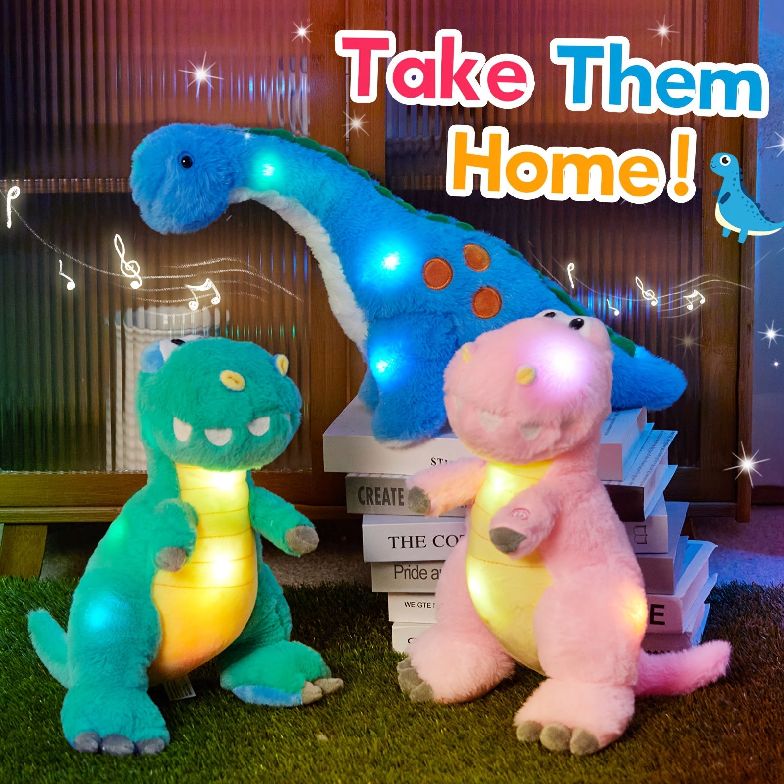 Musical Glowing Dinosaur Stuffed Animal Plush Toy 14 Inch with Light Up & Sound Effects - Soft Cute Dino Plushie Gift for Kids Boys Girls, Birthday Holiday Christmas Gift, Stress Relief Sensory Toy