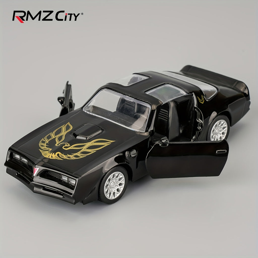 Pontiac Firebird Die Cast Toy Car 1:36 Scale RMZ – Zinc Alloy Openable Doors Pull-Back Muscle Car Model with Display Base, Collectible Gift for Boys Ages 3+
