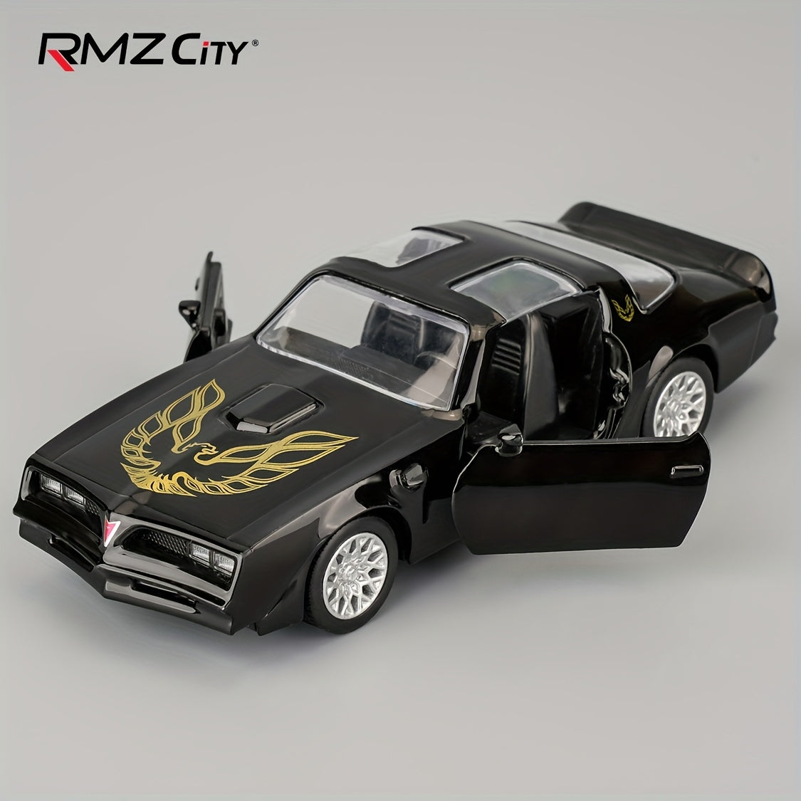 Pontiac Firebird Die Cast Toy Car 1:36 Scale RMZ – Zinc Alloy Openable Doors Pull-Back Muscle Car Model with Display Base, Collectible Gift for Boys Ages 3+