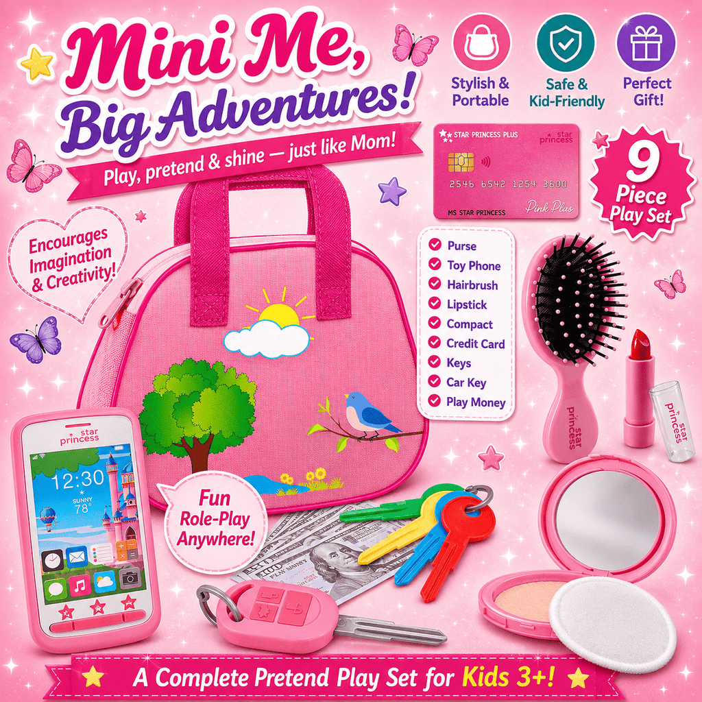 Kids Play Purse Set for Girls Ages 3+ with Pretend Makeup Keys Phone & Play Money – No Mess No Batteries All-in-One Role Play Handbag Toy Birthday Gift