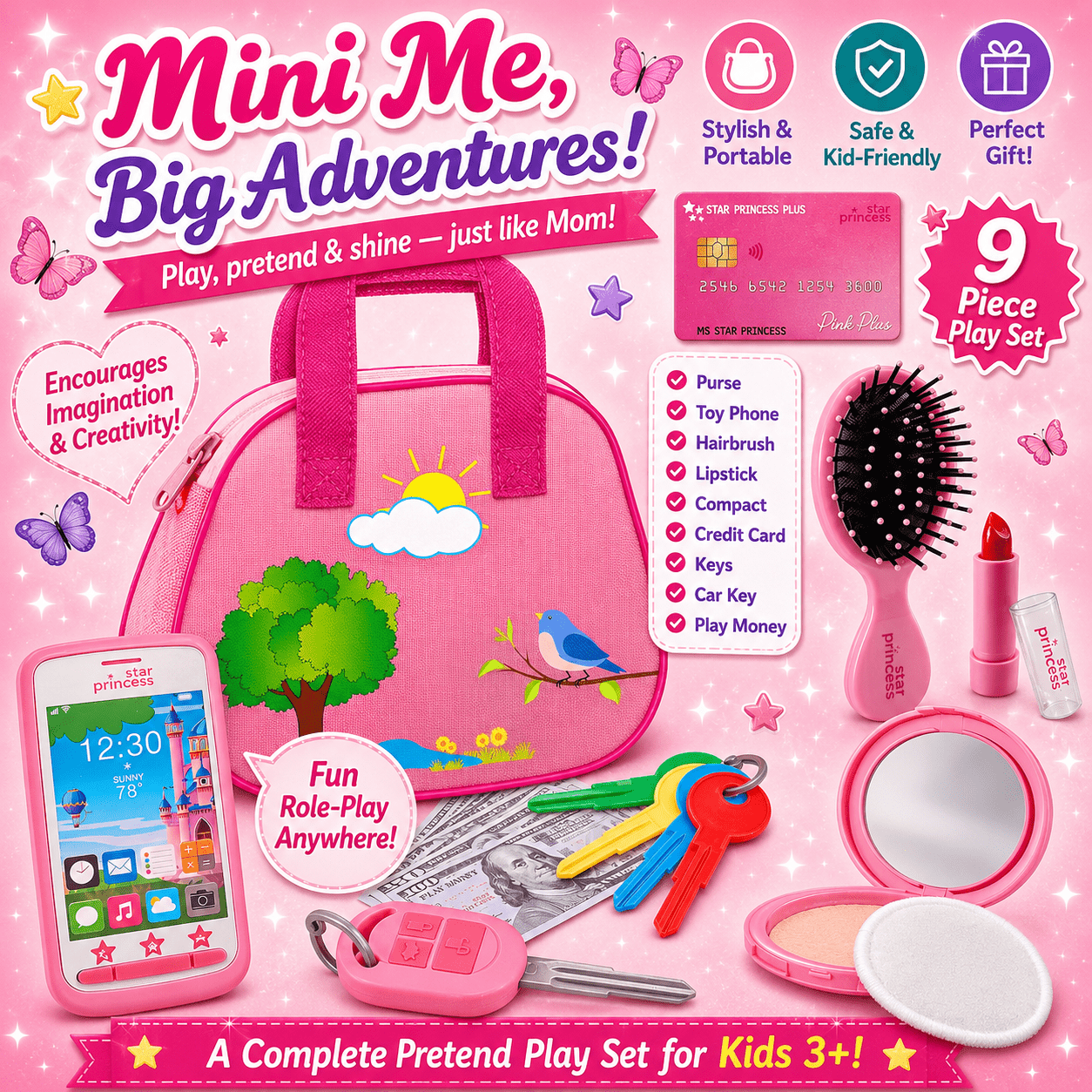 Kids Play Purse Set for Girls Ages 3+ with Pretend Makeup Keys Phone & Play Money – No Mess No Batteries All-in-One Role Play Handbag Toy Birthday Gift