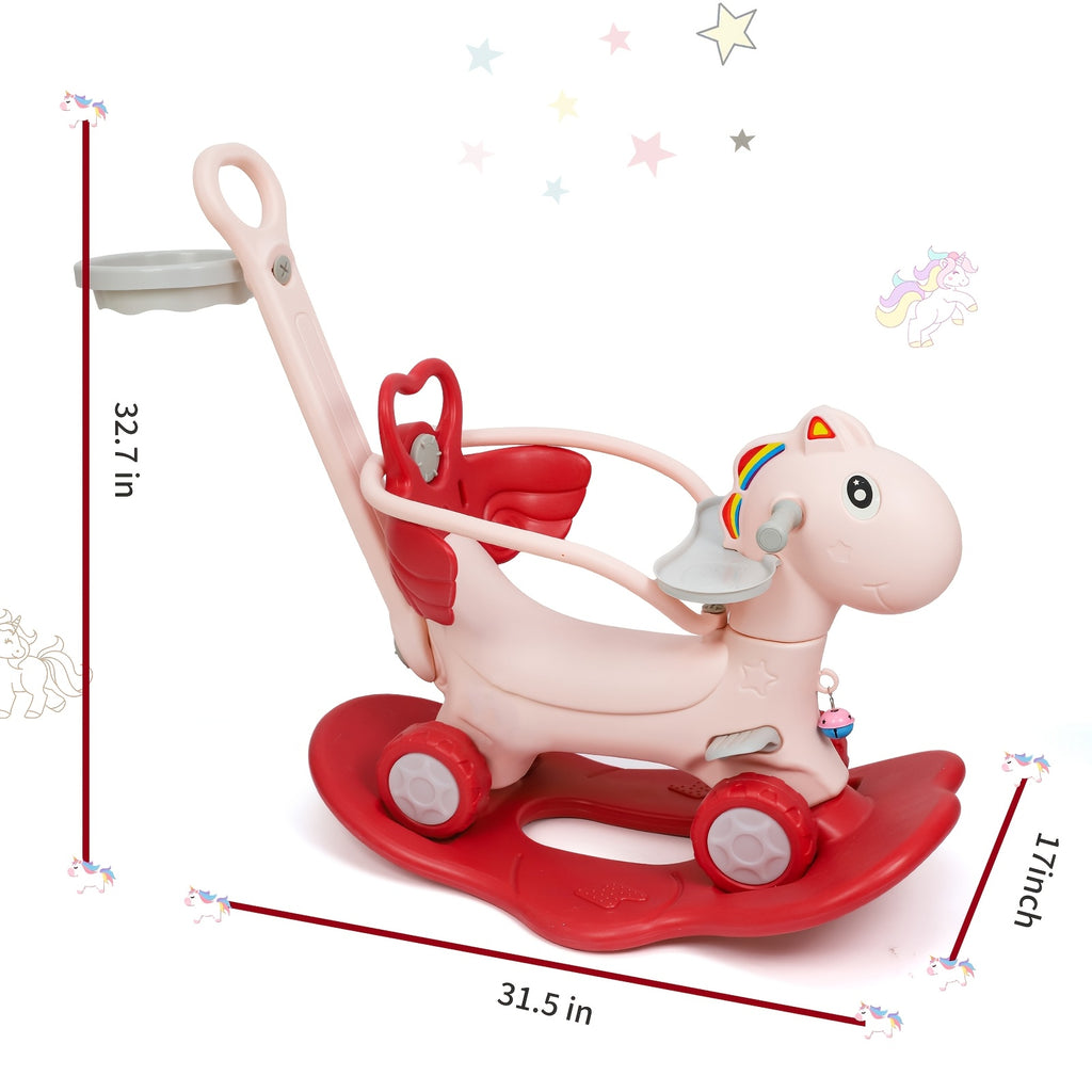 4-in-1 Rocking Horse with Basketball Hoop & Safety Push Rod for Toddlers 1+ – Ride-On Bike, Balance Bike & Balance Board, Indoor Outdoor Baby Balance Toy, Birthday Gift Boys & Girls
