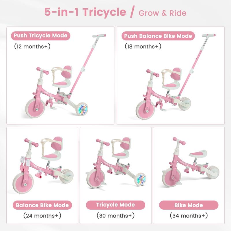 5-in-1 Toddler Tricycle with Push Handle, Bobike Convertible Balance & Pedal Bike for Ages 1-3, Adjustable Seat, Harness & Light-Up Rear Wheel