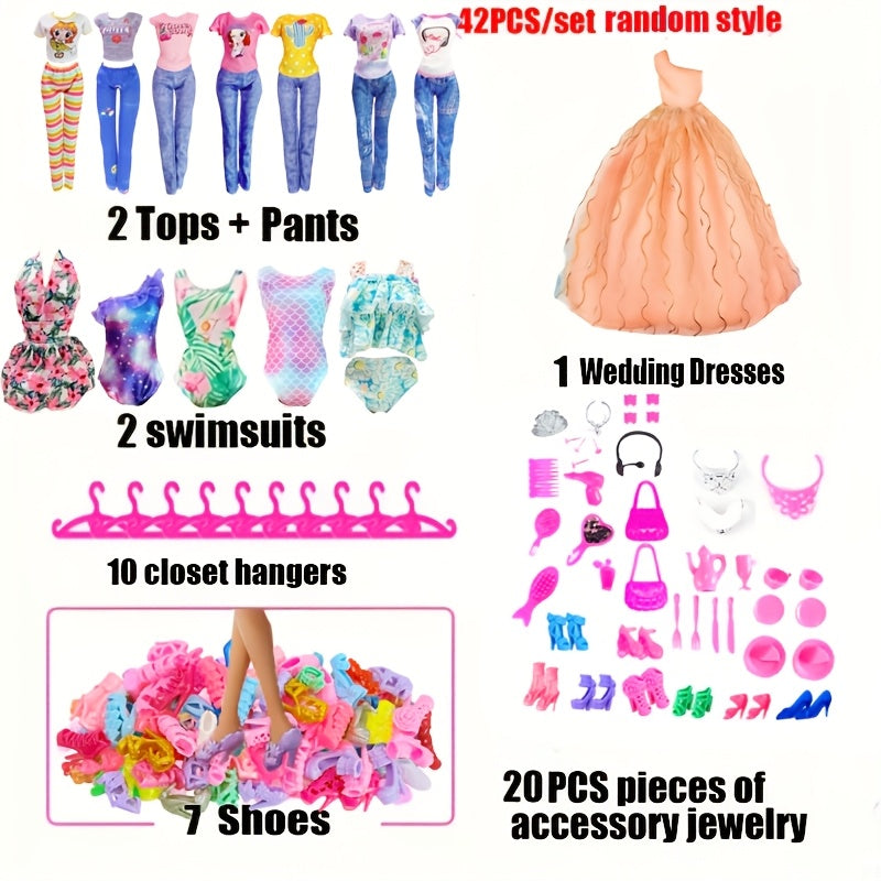Fashion Doll Clothes Set 42pcs for 11.5 Inch Dolls – Evening Dresses Tops Trousers Bikinis Skirts & Hangers Assorted Dress-Up Kit Gift for Girls Ages 3+ Birthday Christmas