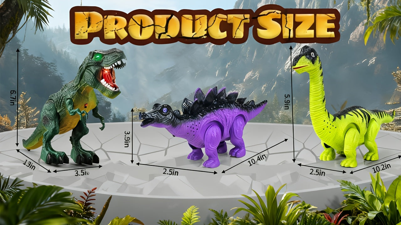 Electric Walking Dinosaur Toy Set 3-Pack with Sound & Light – T-Rex, Brachiosaurus & Stegosaurus Jurassic Dino Figures – Birthday & Christmas Gift for Boys Ages 3-7
