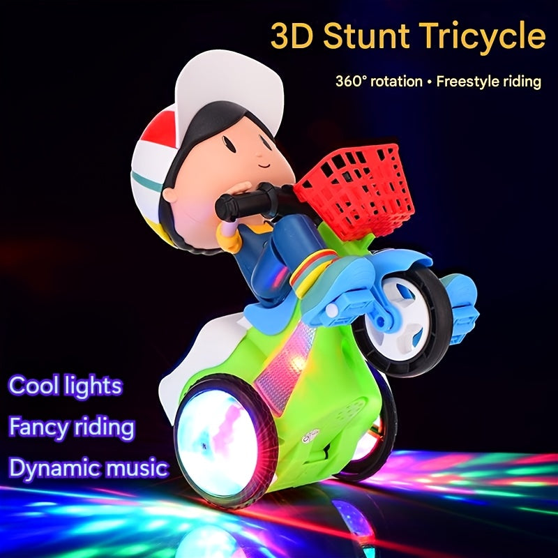 Toddler Electric Tricycle Toy Motorcycle with 360° Rotation & Luminous Lights – Push & Self-Power Kids Ride-On Stunt Vehicle, Birthday Christmas Gift for Boys Girls