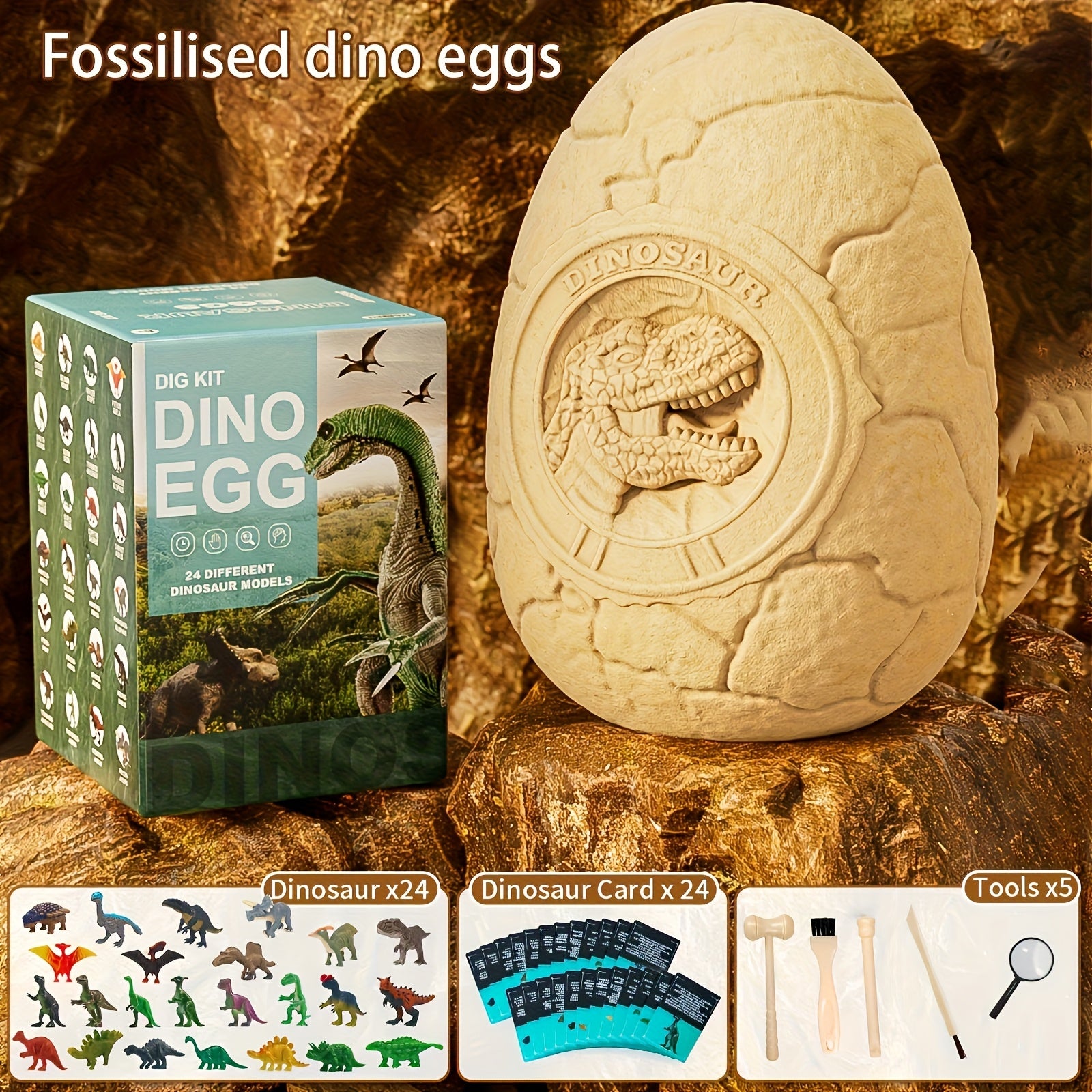 Dinosaur Egg Digging Kit STEM Archaeology Fossil Toy with 24 Mini Dinosaurs & Dino Cards - Kids Science Gift Ages 4-12 Birthday Christmas