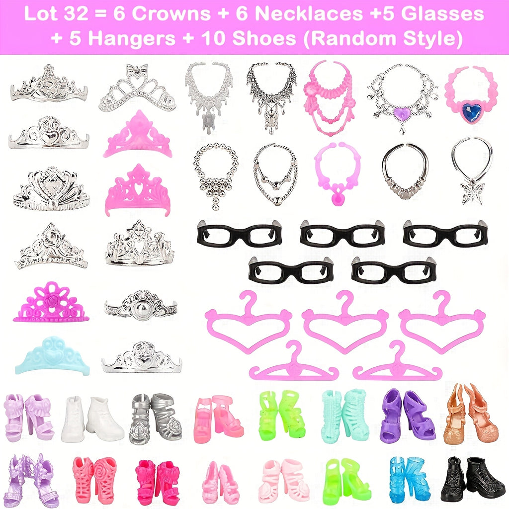 Doll Clothes & Accessories Set 42pcs for 11 Inch Dolls – 10 Dresses 10 Shoes 6 Necklaces 6 Crowns 5 Glasses & Hangers Fashion Wardrobe Gift for Girls Birthday Christmas