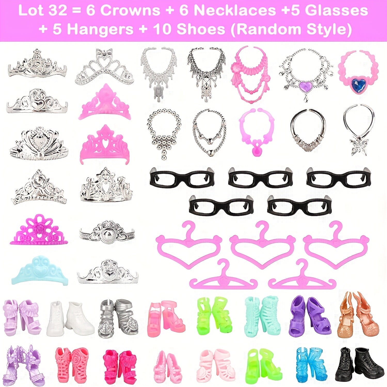 Doll Clothes & Accessories Set 42pcs for 11 Inch Dolls – 10 Dresses 10 Shoes 6 Necklaces 6 Crowns 5 Glasses & Hangers Fashion Wardrobe Gift for Girls Birthday Christmas