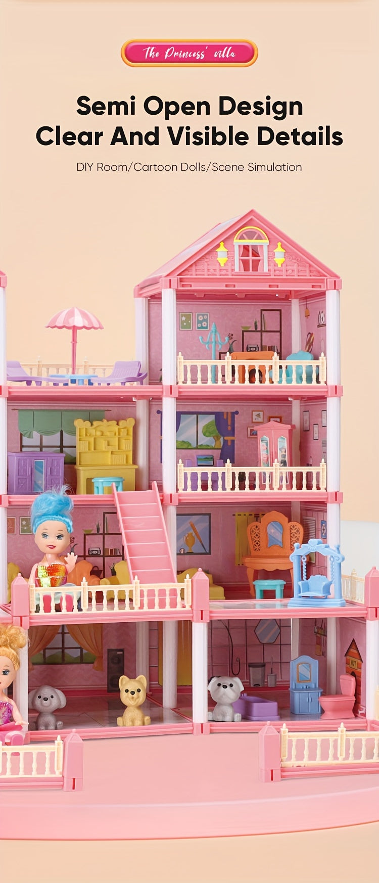 Dollhouse Princess Castle with Furniture – 11 to 27 Room Doll Villa Play Set for Girls Logical Thinking Toy Birthday Christmas Gift Kids Ages 3+ Pink Blue