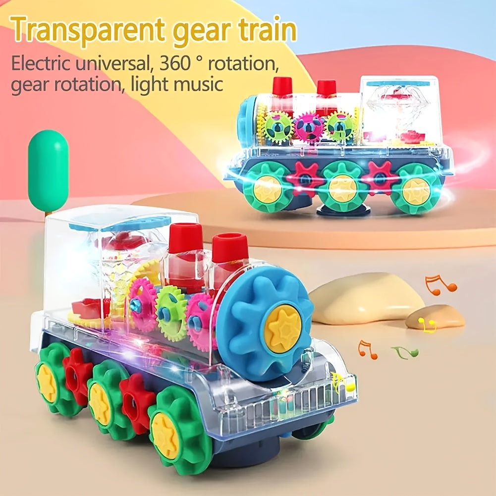 Electric Transparent Gear Train Toy for Toddlers with Flashing Lights & Music – 360 Spin Educational See-Through Gear Vehicle, Fun Learning Gift for Boys & Girls Ages 2+