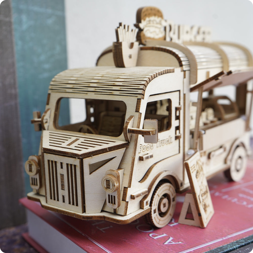 3D Wooden Puzzle Fast Food Truck Model Kit Basswood DIY Assembly Building Toy, Creative Wood Craft Gift for Adults Teens Kids, Christmas Halloween Birthday Present