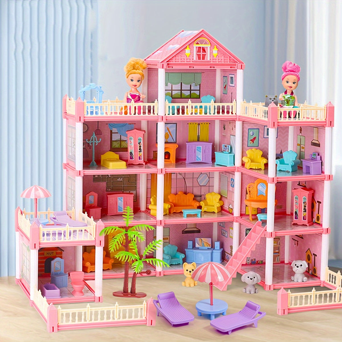 Dollhouse Princess Castle with Furniture – 11 to 27 Room Doll Villa Play Set for Girls Logical Thinking Toy Birthday Christmas Gift Kids Ages 3+ Pink Blue