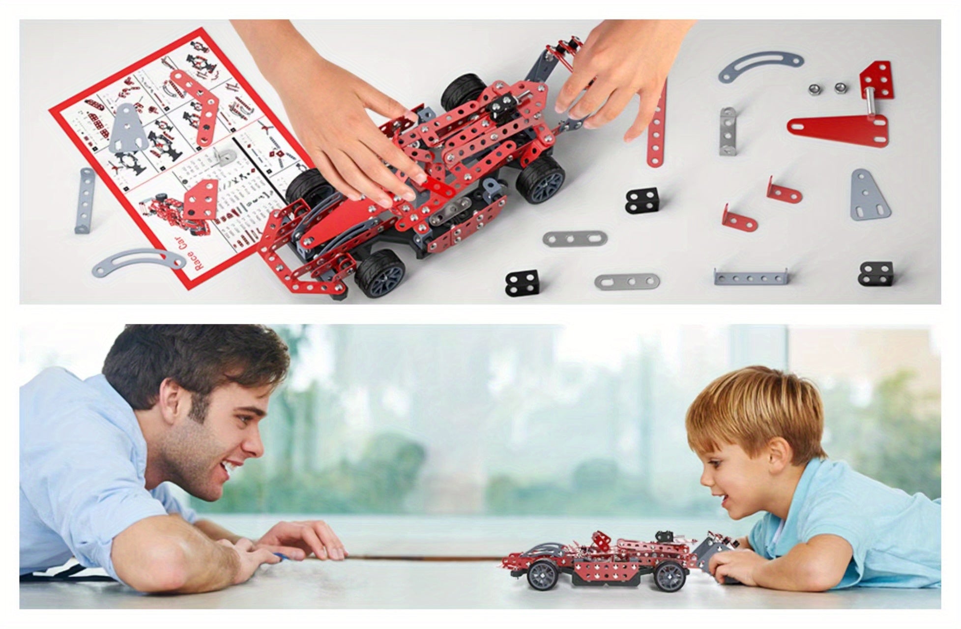 STEM Building Kit Model Car Set 287 Piece Motorized Vehicle for Kids – Assembly Toy with All-Terrain Tires & Openable Hood, Blue Airplane Red Car Green Truck, Birthday Christmas Gift Boys Ages 6+