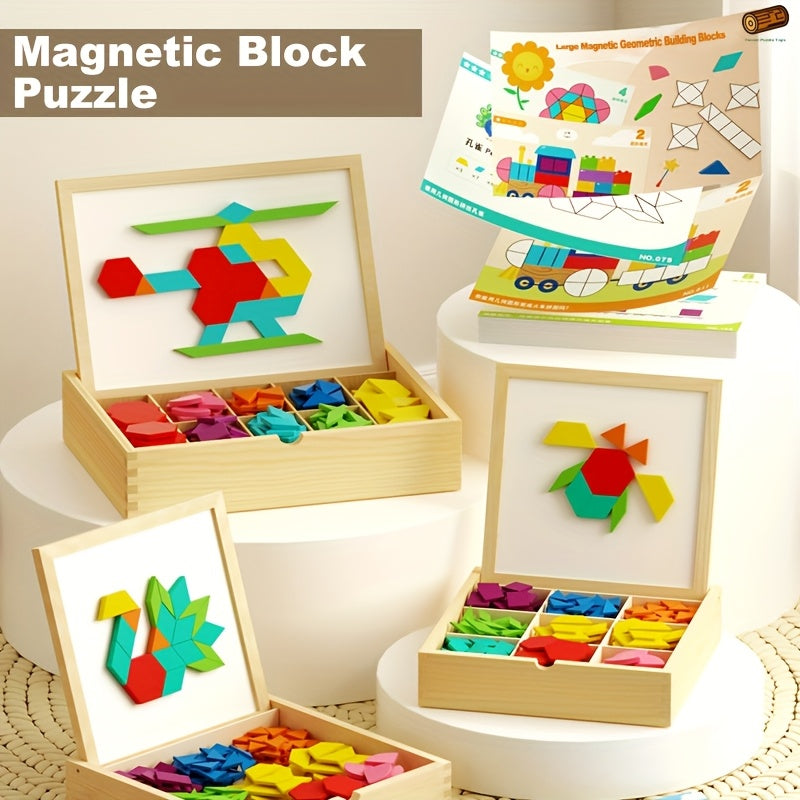 Magnetic Wooden Puzzle for Kids Ages 3-8 – Creative Geometric Shape Building Blocks STEM Educational Toy 128-280 Pieces
