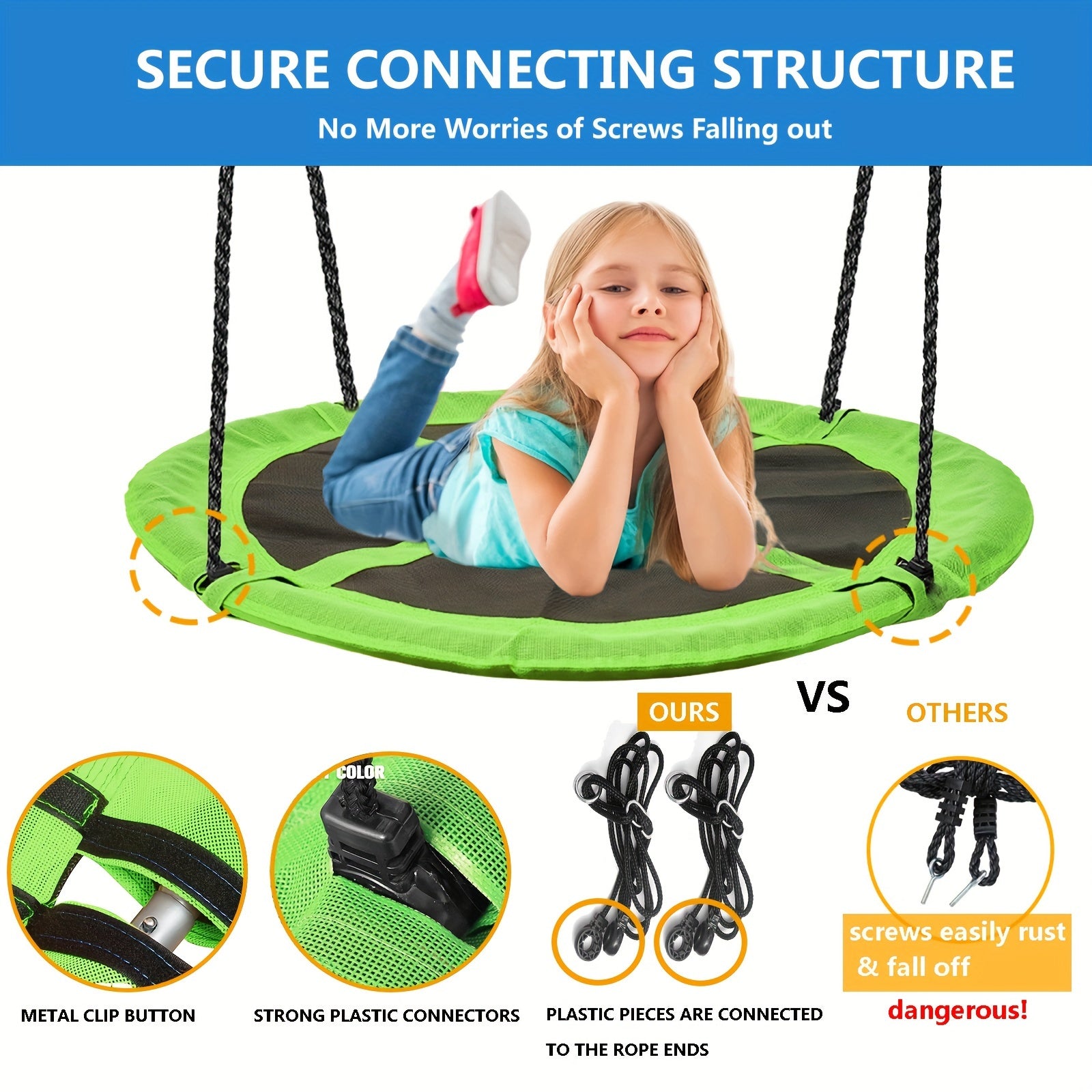 43" Large Saucer Swing for Kids, 360° Rotating Spinner Swing with Swivel, Adjustable Ropes & Hanging Straps, Outdoor Tree or Swing Set Accessory, Durable Round Disc Swing for Playground Backyard, Birthday Gift